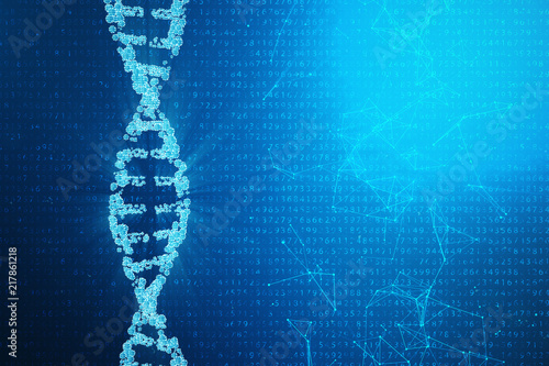 Digital DNA molecule, structure. Concept binary code human genome. DNA molecule with modified genes. 3D illustration