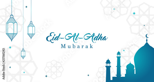 Eid Al Adha Mubarak background Vector illustration, Beautiful mosque with Arabic lanterns, Muslim community festival.