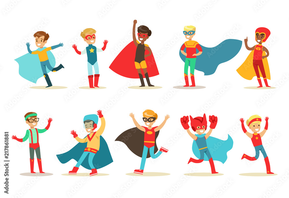 Boys in superhero costume set, cute little super kids vector Illustrations on a white background
