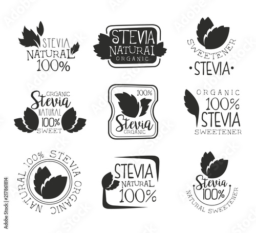 Stevia organic product logo set, natural sweetener black and white badge, label, sticker vector Illustrations on a white background