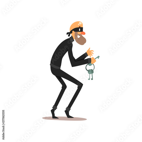 Male thief in mask with master keys, robber cartoon character committing crime vector Illustration on a white background