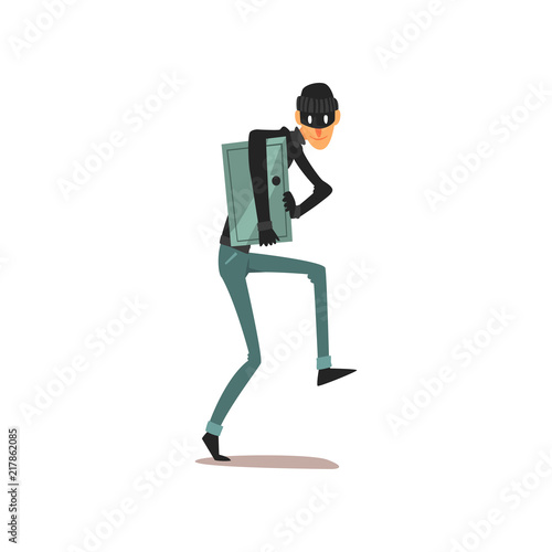 Male thief carrying safe, robber cartoon character committing crime vector Illustration on a white background