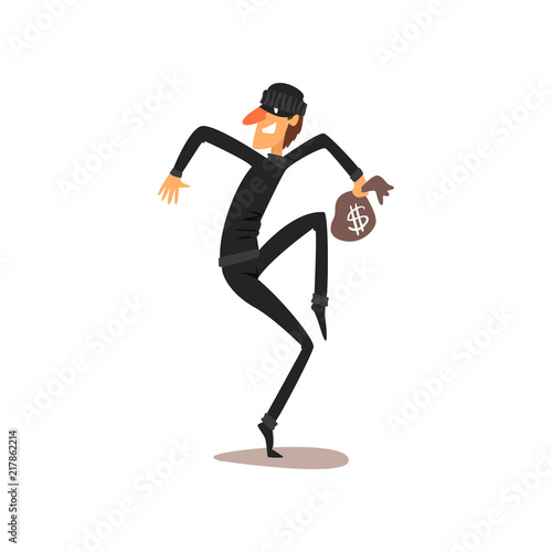 Male thief stealing with small money bag, robber cartoon character committing crime vector Illustration on a white background