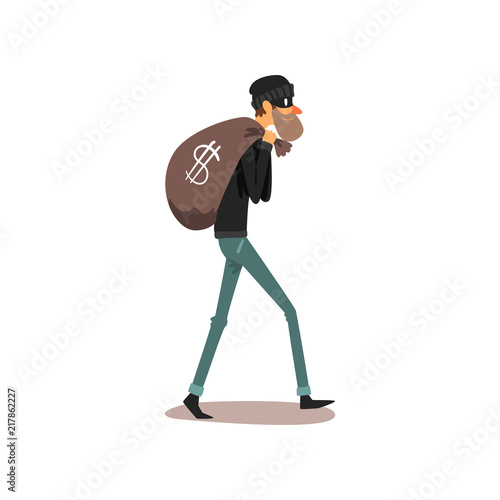 Male thief carrying money bag, robber cartoon character committing crime vector Illustration on a white background