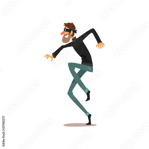 Crouching thief in a mask, robber cartoon character committing crime vector Illustration on a white background