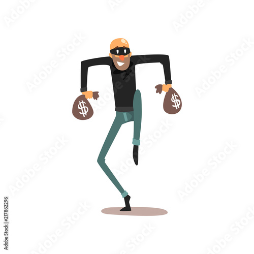 Thief sneaking with money bags, robber cartoon character committing crime vector Illustration on a white background