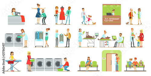 Clients visiting veterinary clinic and laundry shop, people bringing their pets for treatment to veterinarian, interior of vet clinic and laundry vector Illustrations