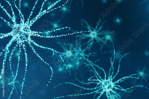 Conceptual illustration of neuron cells with glowing link knots. Synapse and neuron cells sending electrical chemical signals. Neuron of Interconnected neurons with electrical pulses, 3D illustration