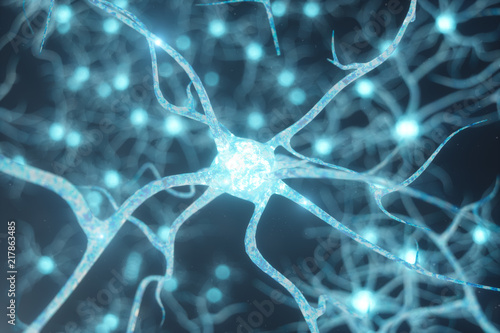 Conceptual illustration of neuron cells with glowing link knots. Synapse and neuron cells sending electrical chemical signals. Neuron of Interconnected neurons with electrical pulses, 3D illustration