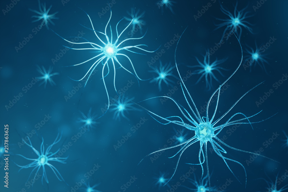 Naklejka premium Conceptual illustration of neuron cells with glowing link knots. Neurons in brain on with focus effect. Synapse and Neuron cells sending electrical chemical signals. 3d illustration