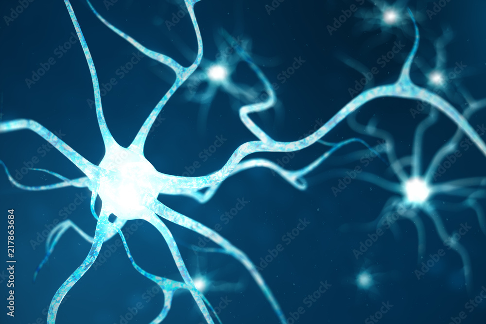Conceptual illustration of neuron cells with glowing link knots. Neurons in brain on with focus effect. Synapse and Neuron cells sending electrical chemical signals. 3d illustration Conceptual illustration of neuron cells with glowing link knots. Neurons in brain on with focus effect. Synapse and Neuron cells sending electrical chemical signals. 3d illustration