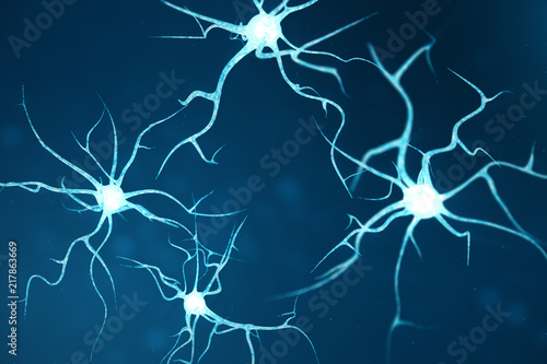 Conceptual illustration of neuron cells with glowing link knots. Neurons in brain on with focus effect. Synapse and Neuron cells sending electrical chemical signals. 3d illustration