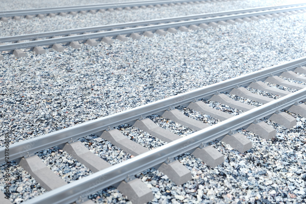 Naklejka premium Railroad or railway, steel railway for trains. Railroad travel, railway tourism. Transportation concept. 3D illustration