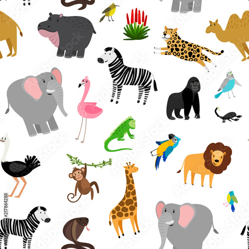 Africa animals pattern. African cute drawing animal seamless pattern for baby decoration with parrot and lion, giraffe and zebra