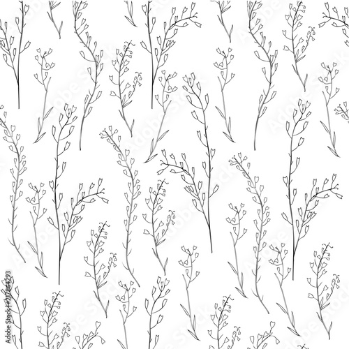 Seamless floral pattern, Capsella flower, Shepherd's purse, Capsella bursa-pastoris, the entire plant, hand drawn vector ink sketch isolated on white, for design cosmetic, textile, natural fabric