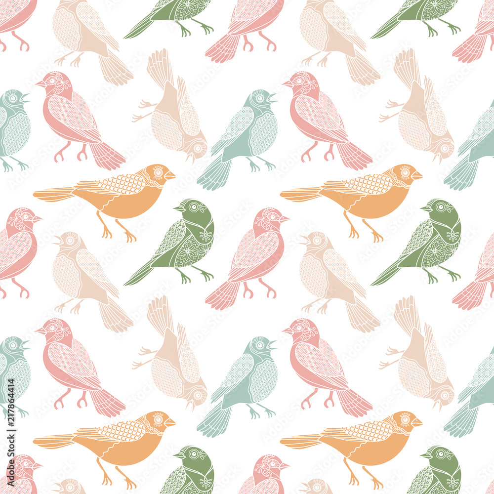 Obraz premium Pastel birds seamless pattern in watercolor flat style