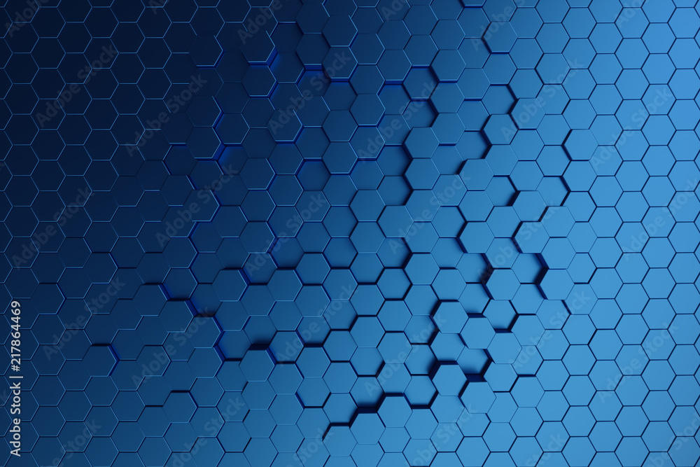 3D illustration abstract dark blue of futuristic surface hexagon pattern. Blue geometric hexagonal abstract background.