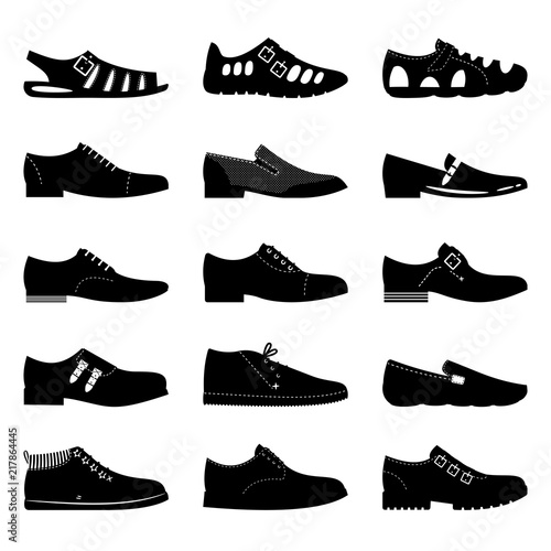Black footwear icon set. Boots, sniekers signs, shoes icons silhouettes isolated on white background