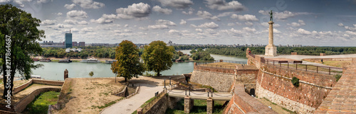 Kalemegdan fortress and Victor monument Belgrade, Usce Sava and Danube confluence view at sunny summer day