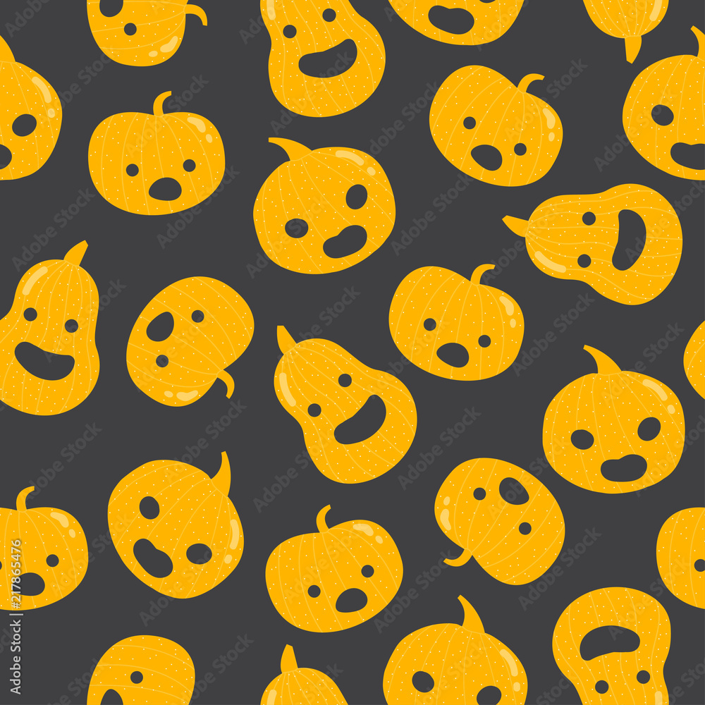 Funny pumpkin with face seamless pattern. Holiday background. Vector hand drawn illustration.