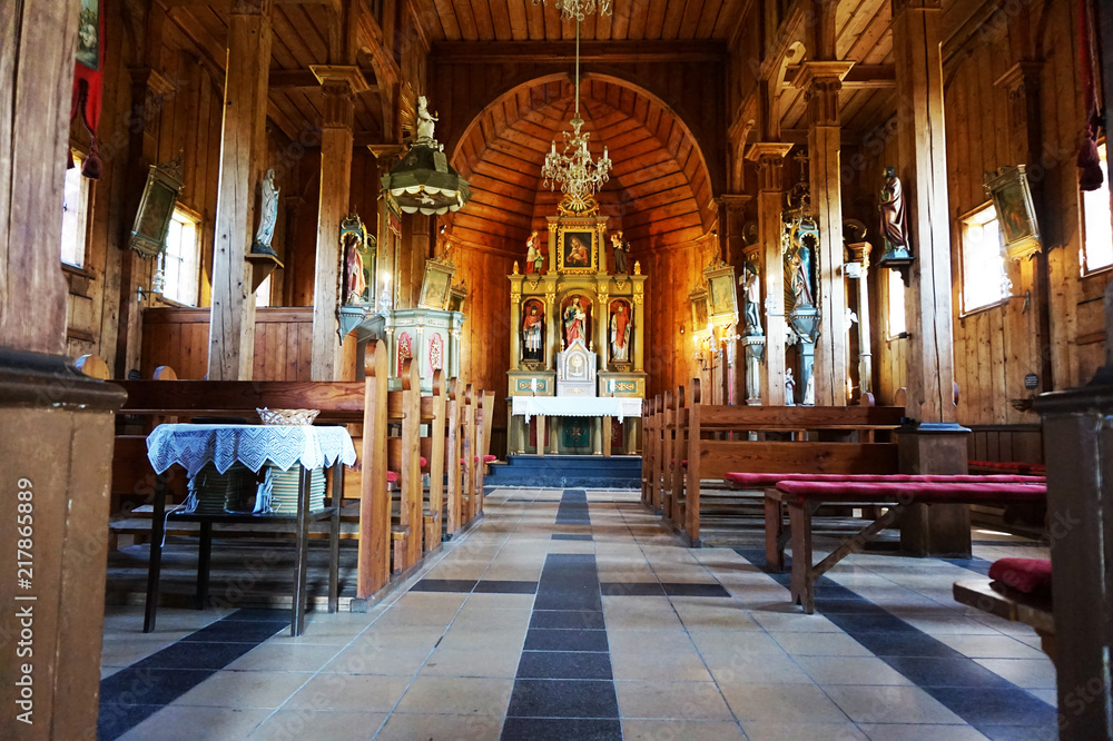 interior of wooden church in Beskydy mountains