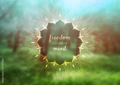 Vector template of banner with inspirational phrase, horizontal format; Spiritual sacred geometry; Mandala and lotus on beauty blurred background with forest; Yoga, meditation and relax.
