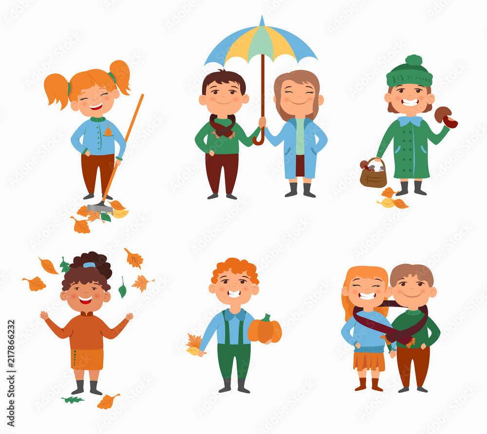 Autumn. Set of children figures isolated on white. Flat style. Autumn. Set of children figures isolated on white. Flat style.