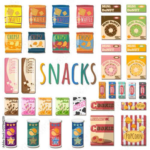 Set of different product snacks.Vector illustration cartoon style. Food and drinks design elements isolated on white background.