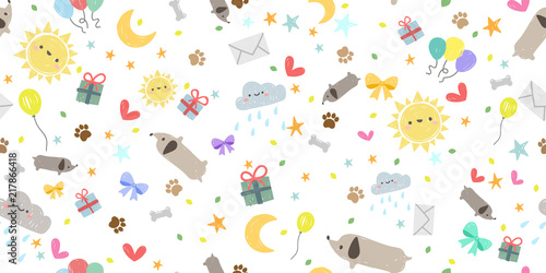 Happy anniversary seamless pattern. Hand drawn a lot of happy things in doodle style. Vector illustration.