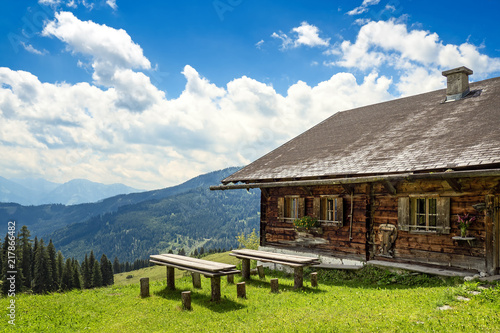 Traditional wooden alpine mountain hut, Austria