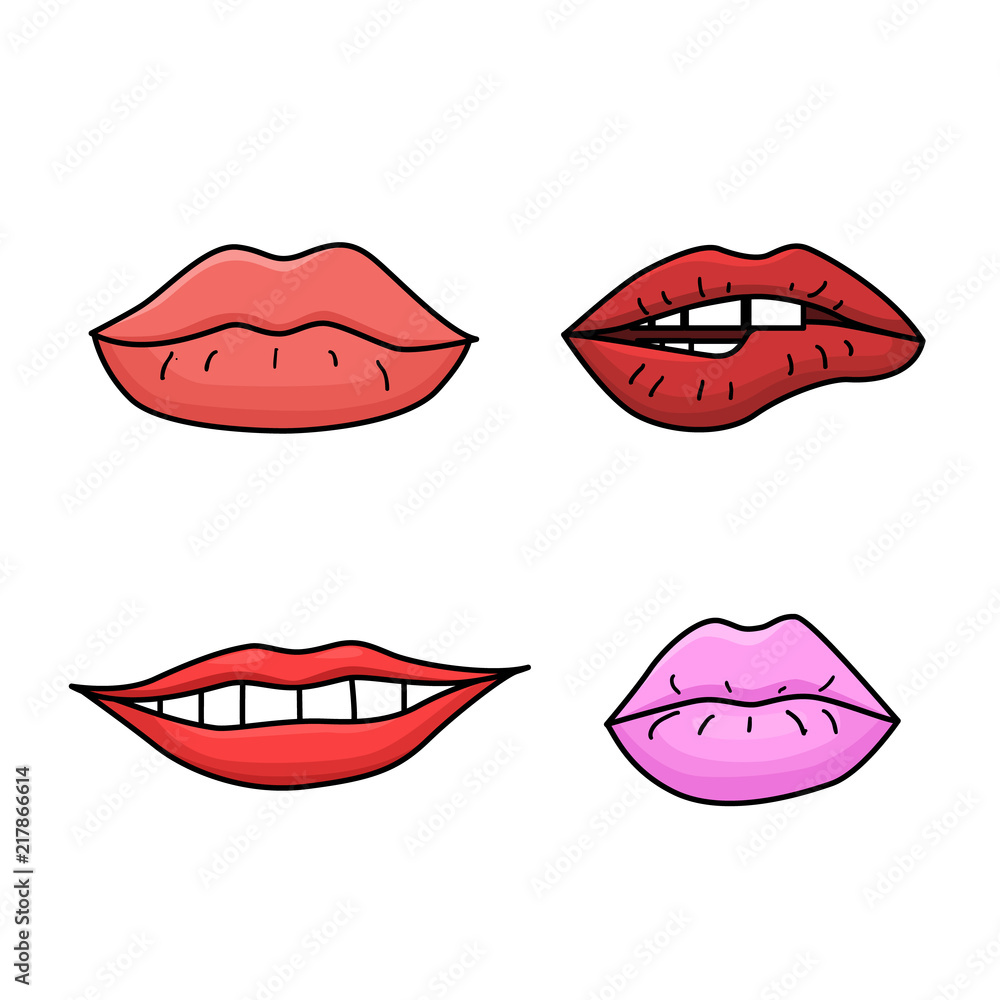 Set of doodle womens lips. Pink and red lipstick. Smiling and kissing Set of doodle womens lips. Pink and red lipstick. Smiling and kissing