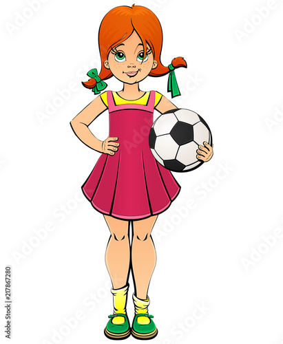 Naughty red-haired girl with a ball for football.