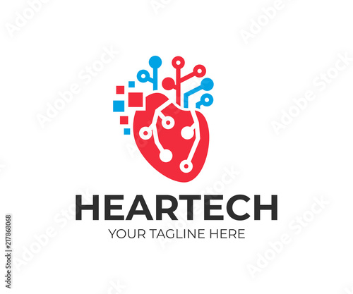 Artificial intelligence and technology, human heart with digital pixels and circuits electronics grid, logo design. Technology CPU Mind and communications, vector design and illustration