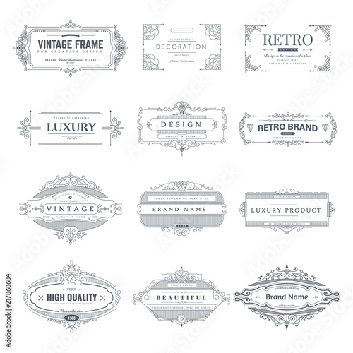 Collection of vintage patterns. Flourishes calligraphic ornaments and frames. Retro style of design elements, postcard, banners, logos. Vector templates.