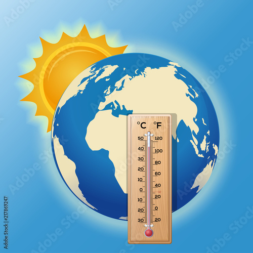 Thermometer on the background of the globe. The sun illuminates the earth. High temperature on the thermometer. Global warming. Vector illustration