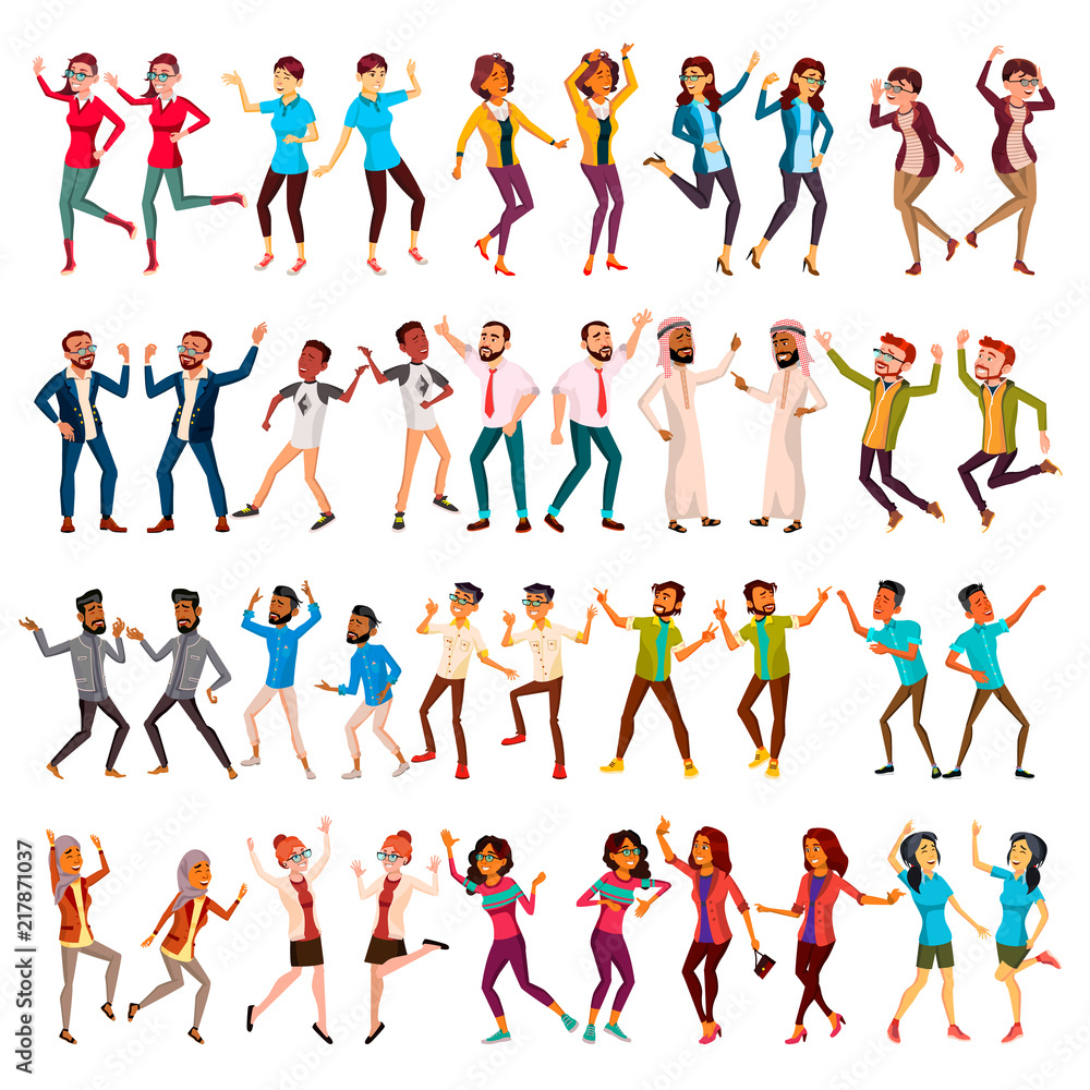 Dancing People Set Vector. Celebrating Dances. Dancing People Moves. Holiday Vacation Party. People Listening To Music. Happy Dancer Poses. Isolated Flat Cartoon Illustration