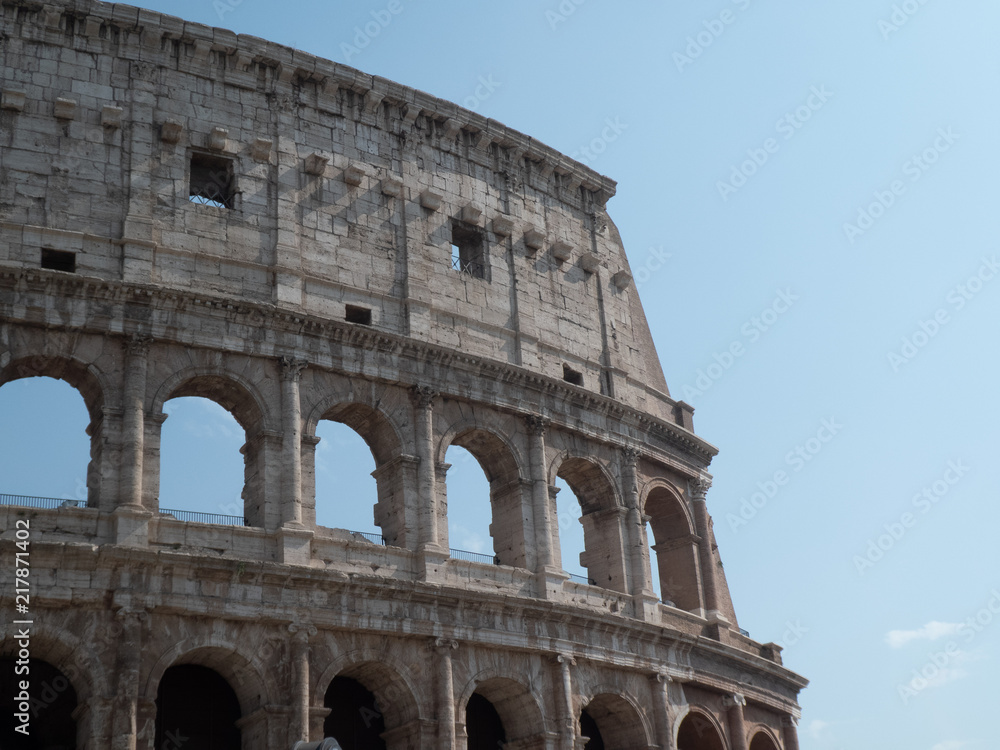 Close up view of the facade of the ancient Roman wonder Coliseum, Colosseum or Colosseo, Rome, Italy