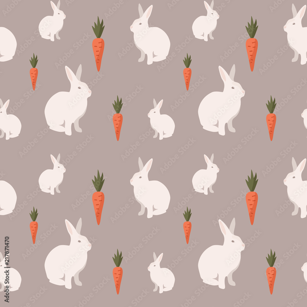 Seamless vector pattern with white rabbits and carrots, Easter pattern with bunnies