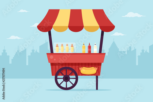 Hot Dog Cart in the City. Flat Design Style. 
