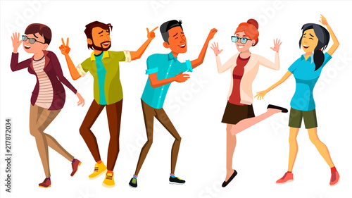 Dancing People Set Vector. Smiling And Have Fun. Free Movement Poses. Isolated Flat Cartoon Illustration