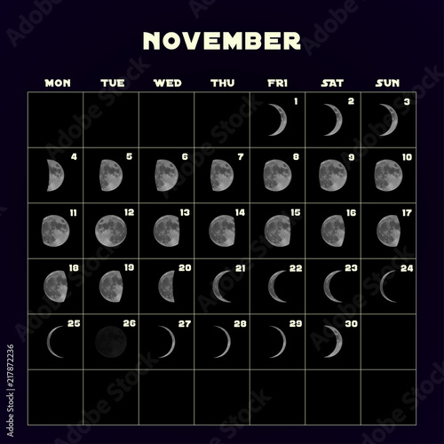 Moon phases calendar for 2019 with realistic moon. November. Vector