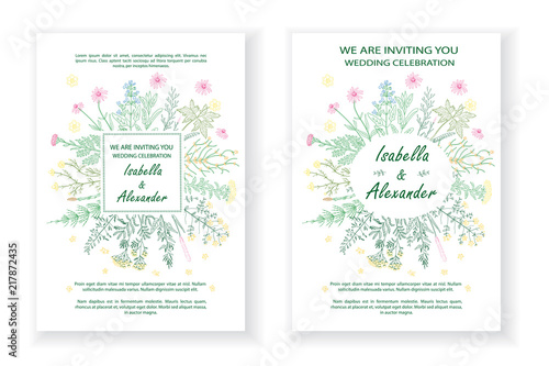 Wedding invitation frames with herbs and wild flowers.