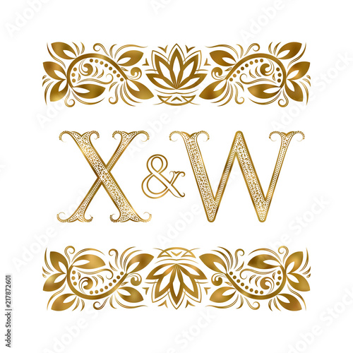 X and W initials vintage logo. The letters surrounded by ornamental elements. Wedding or business partners monogram in royal style.