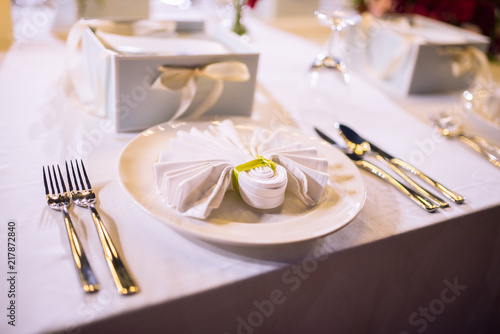 Table setting at a luxury dinner wedding.