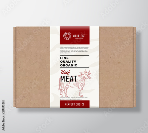 Fine Quality Organic Beef Craft Cardboard Box. Abstract Vector Meat Paper Container with Label Cover. Packaging Design. Modern Typography and Hand Drawn Cow Silhouette Background Layout.