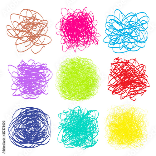 Set of colored tangled textures. Random chaotic lines. Hand drawn dinamic scrawls. Multocolored illustration. Bright backgrounds with lines. Universal pattern. Art creation photo