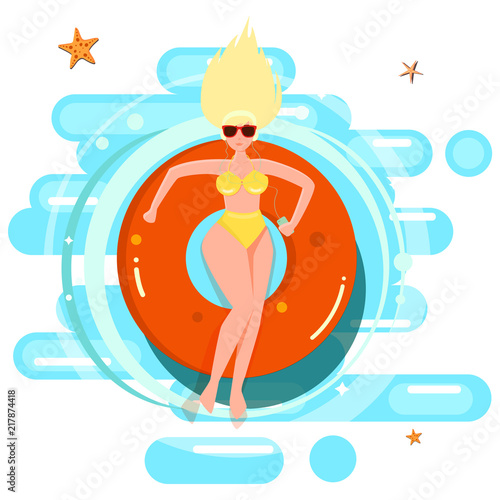 Woman in a swimsuit lying in the sun in a swimming pool in a lifebuoy and relaxing. Vector illustration. Flat design.