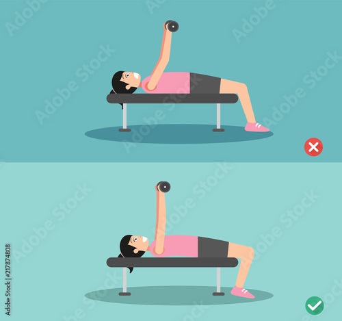 Woman wrong and right bench press  posture,vector illustration