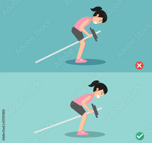 Woman wrong and right bent over row posture,vector illustration