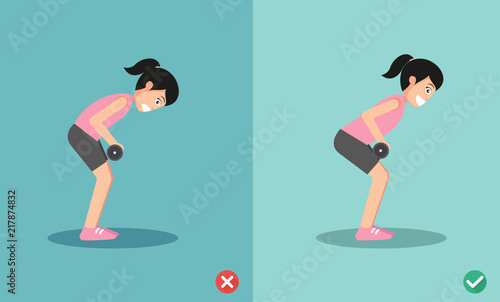 Woman wrong and right bent over row posture,vector illustration